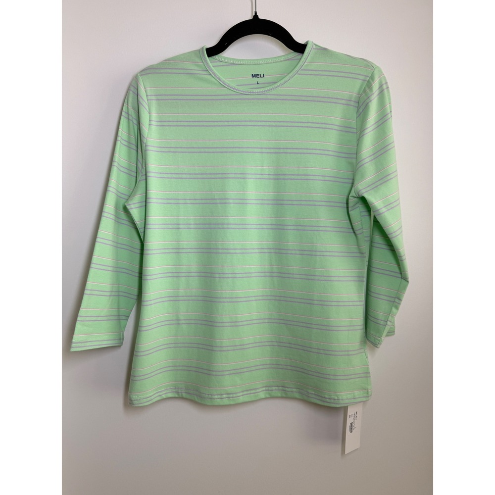 MELI Striped Crew Tee Women Large Mint NWT 3/4 Sleeve Cotton Blend Casual office